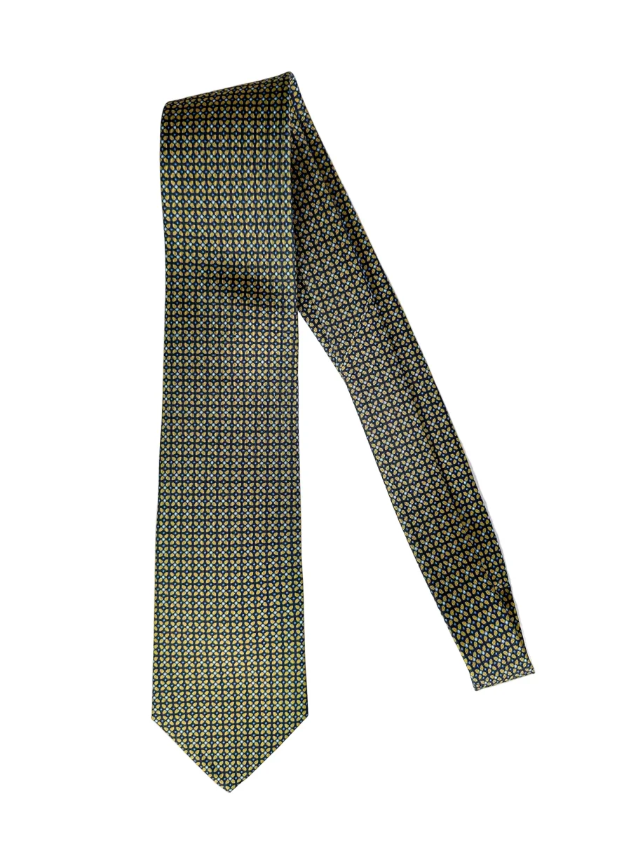 Drake's Navy Silk Tie With Mustard Cross Print - Imagen 3