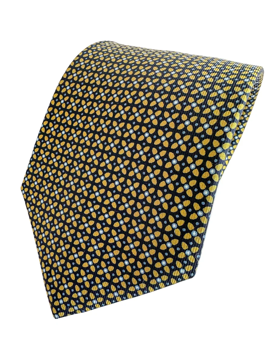 Drake's Navy Silk Tie With Mustard Cross Print - Imagen 2