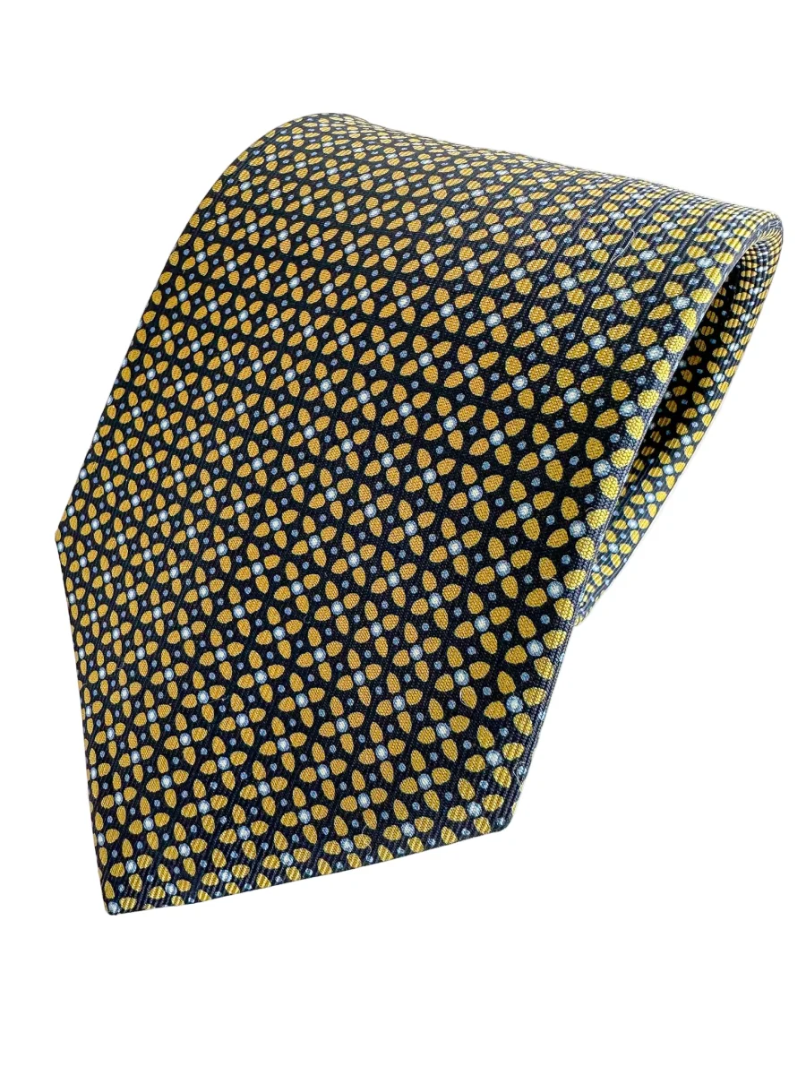 Drake's Navy Silk Tie With Mustard Cross Print - Imagen 7