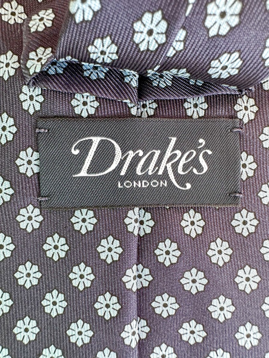 Drake's Navy Silk Tie With Blue Floral Print - Imagen 6