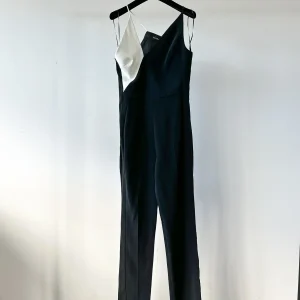David Koma Monochrome Crepe V-Cut Strappy Black White Jumpsuit