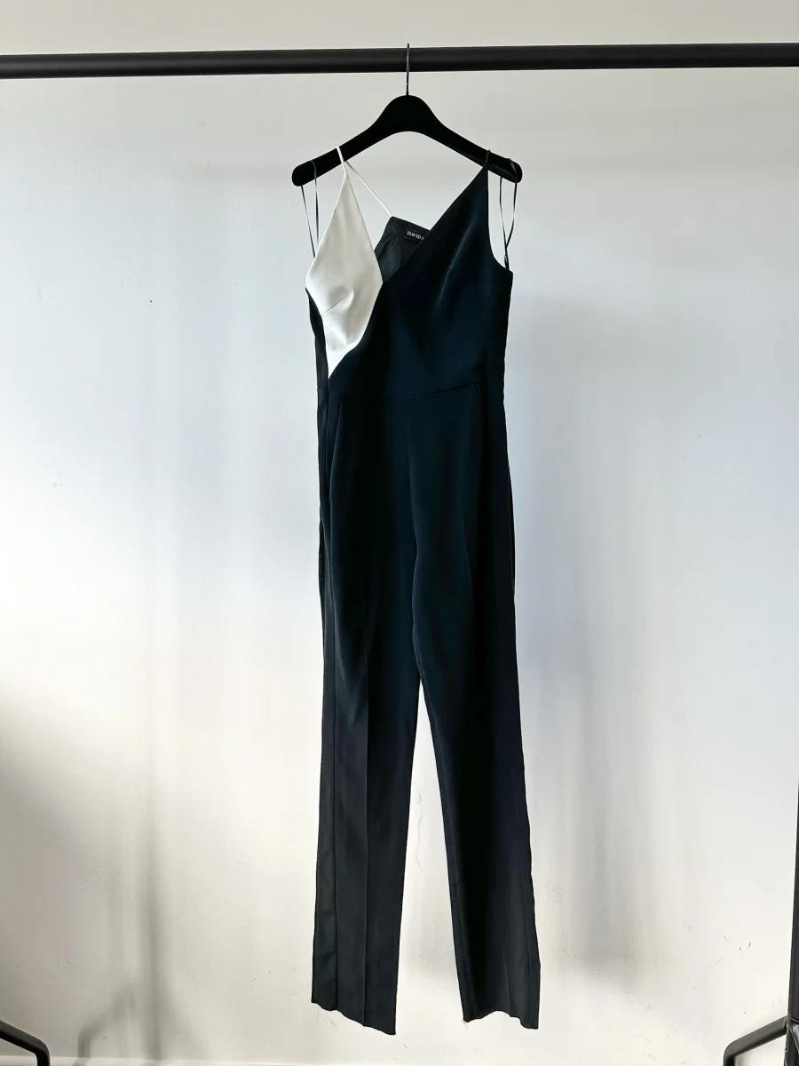 David Koma Monochrome Crepe V-Cut Strappy Black White Jumpsuit