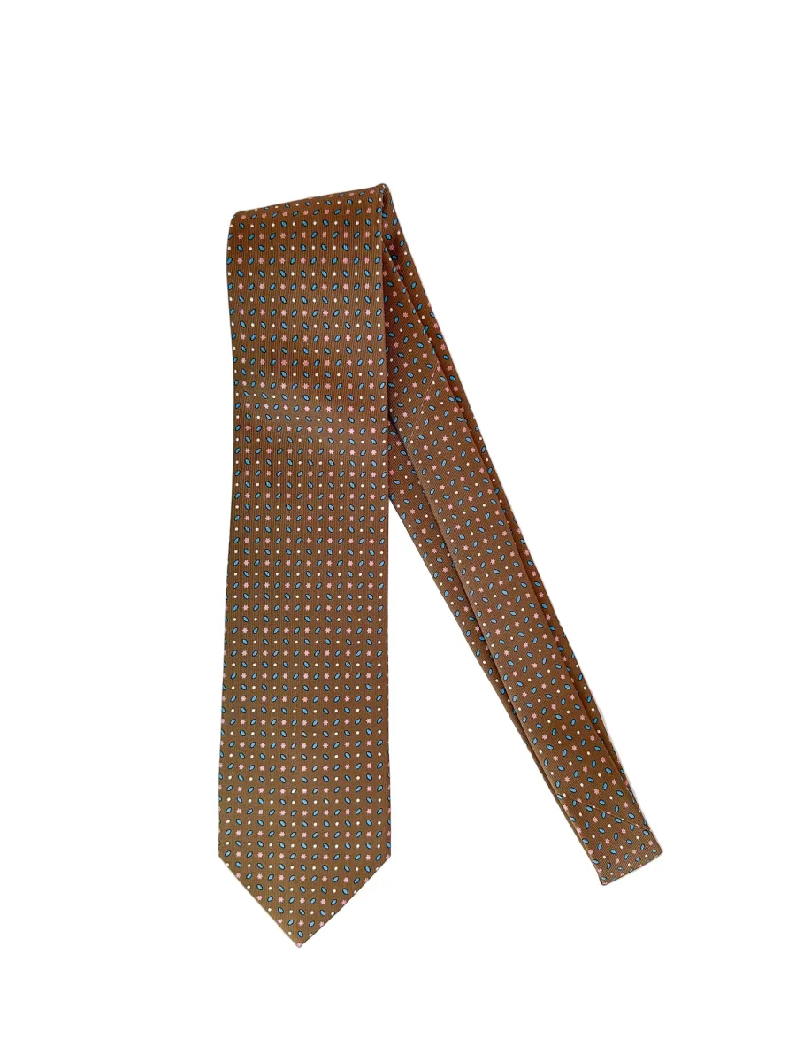Drake's Brown Silk Tie Pink Floral Ovel Print - Imagen 3