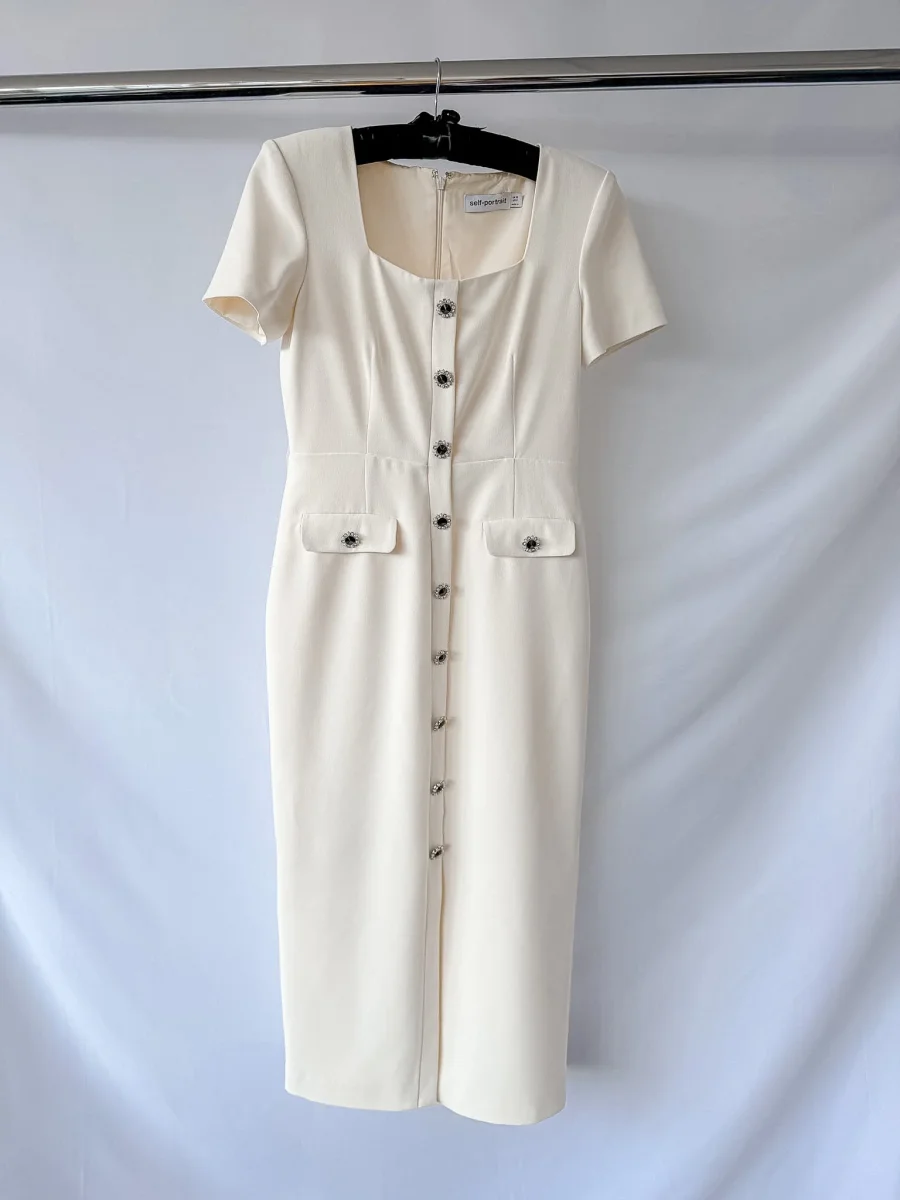 Self-Portrait Button Embellished Cream Dress - Imagen 5
