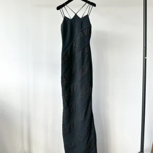 David Koma Black Strappy Crepe Crochet Eyelet Detail Maxi Gown Dress