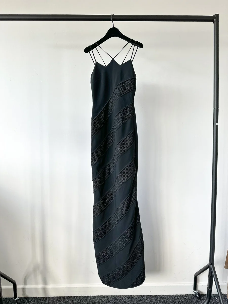 David Koma Black Strappy Crepe Crochet Eyelet Detail Maxi Gown Dress