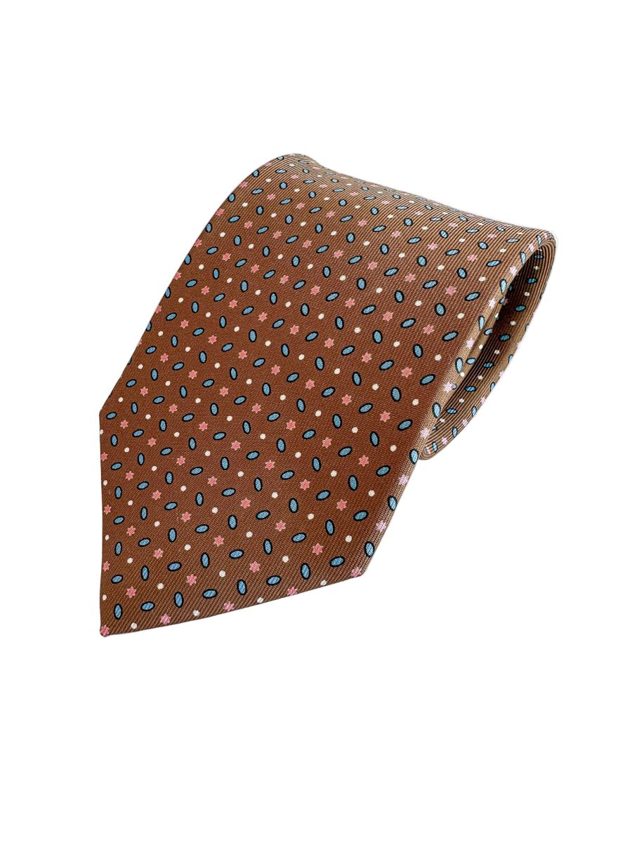Drake's Brown Silk Tie Pink Floral Ovel Print - Imagen 2