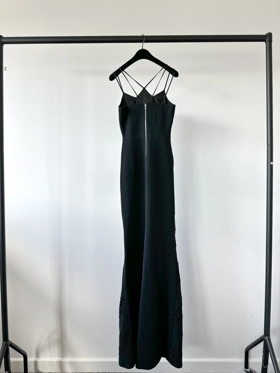 David Koma Black Strappy Crepe Crochet Eyelet Detail Maxi Gown Dress - Imagen 6
