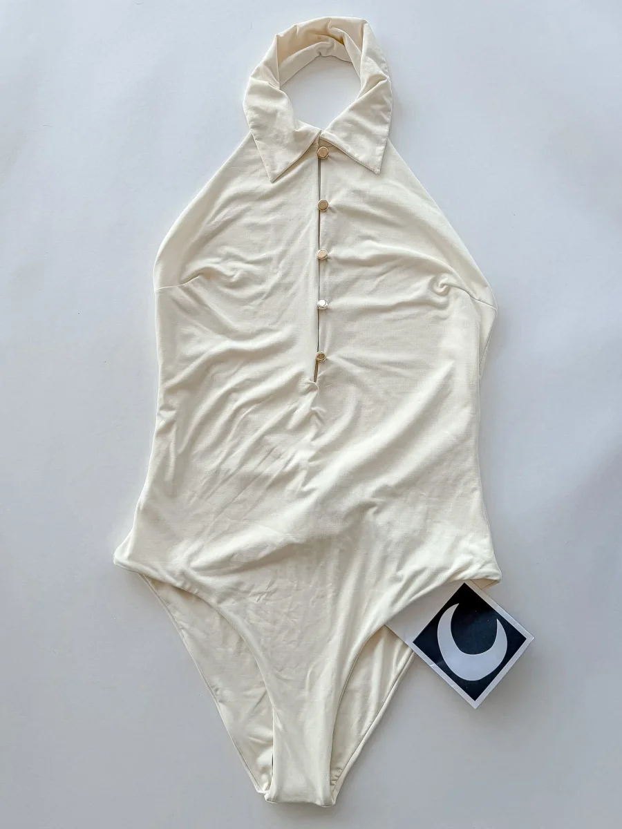 Taller Marmo Club Cream Collared Gold Button Detail Swimsuit - Imagen 4