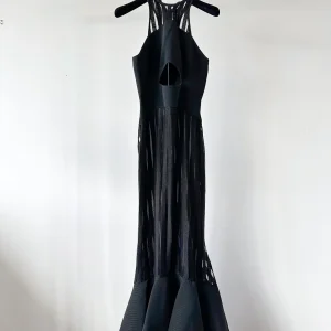 David Koma Strappy Sheer Lace Detail Cut-Out Front Fishtail Gown Dress