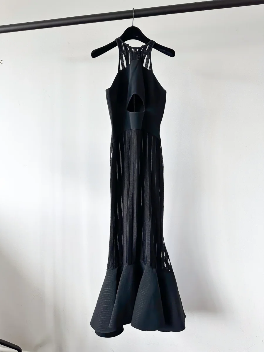 David Koma Strappy Sheer Lace Detail Cut-Out Front Fishtail Gown Dress - Imagen 2