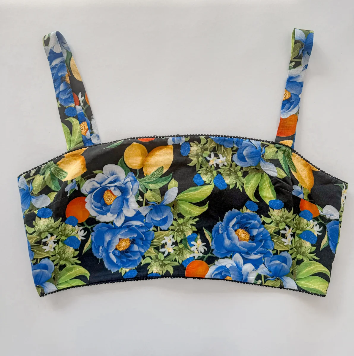 Borgo De Nor Black Didi Floral Lemon Print Linen Crop Top