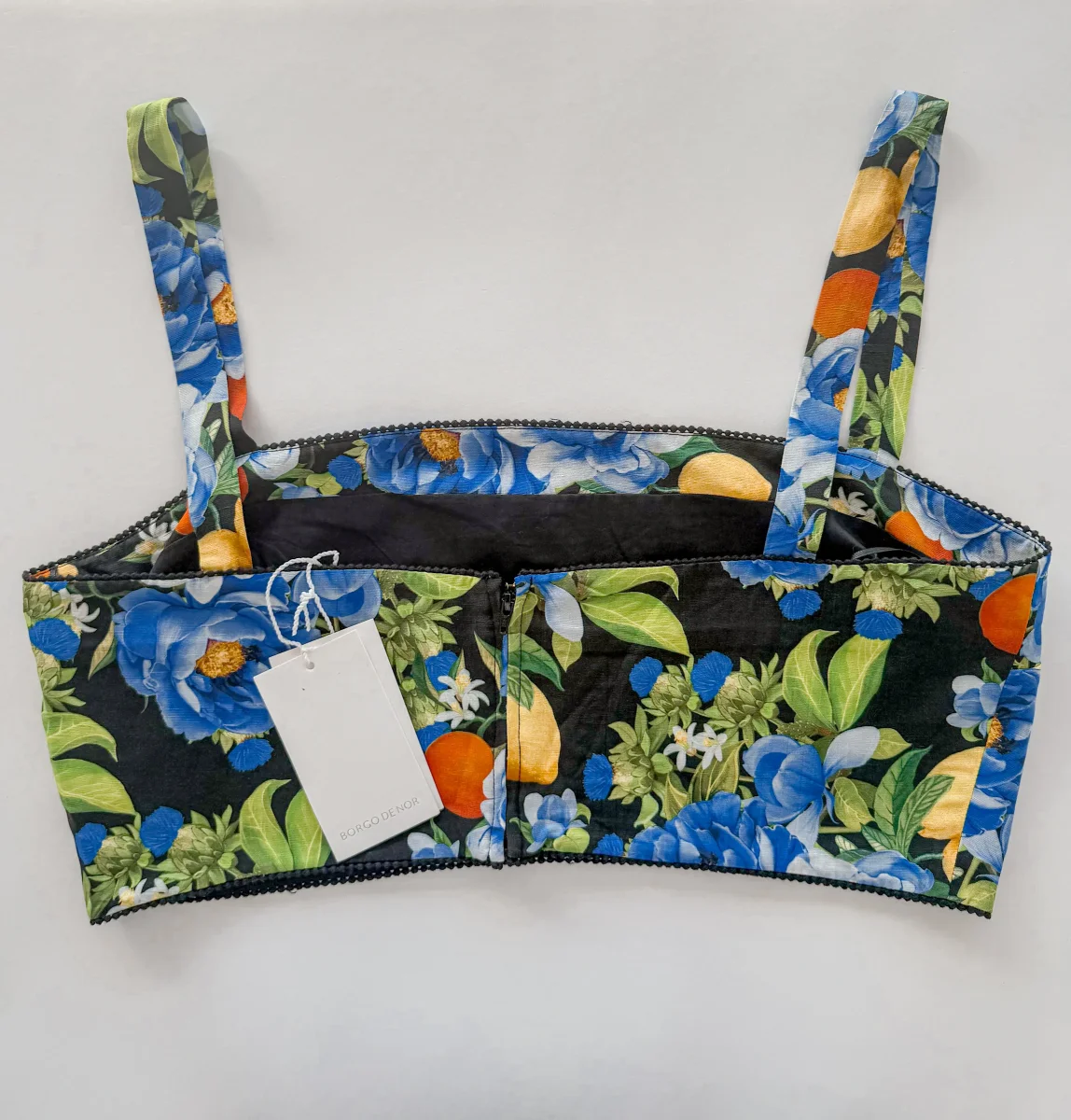 Borgo De Nor Black Didi Floral Lemon Print Linen Crop Top - Imagen 6