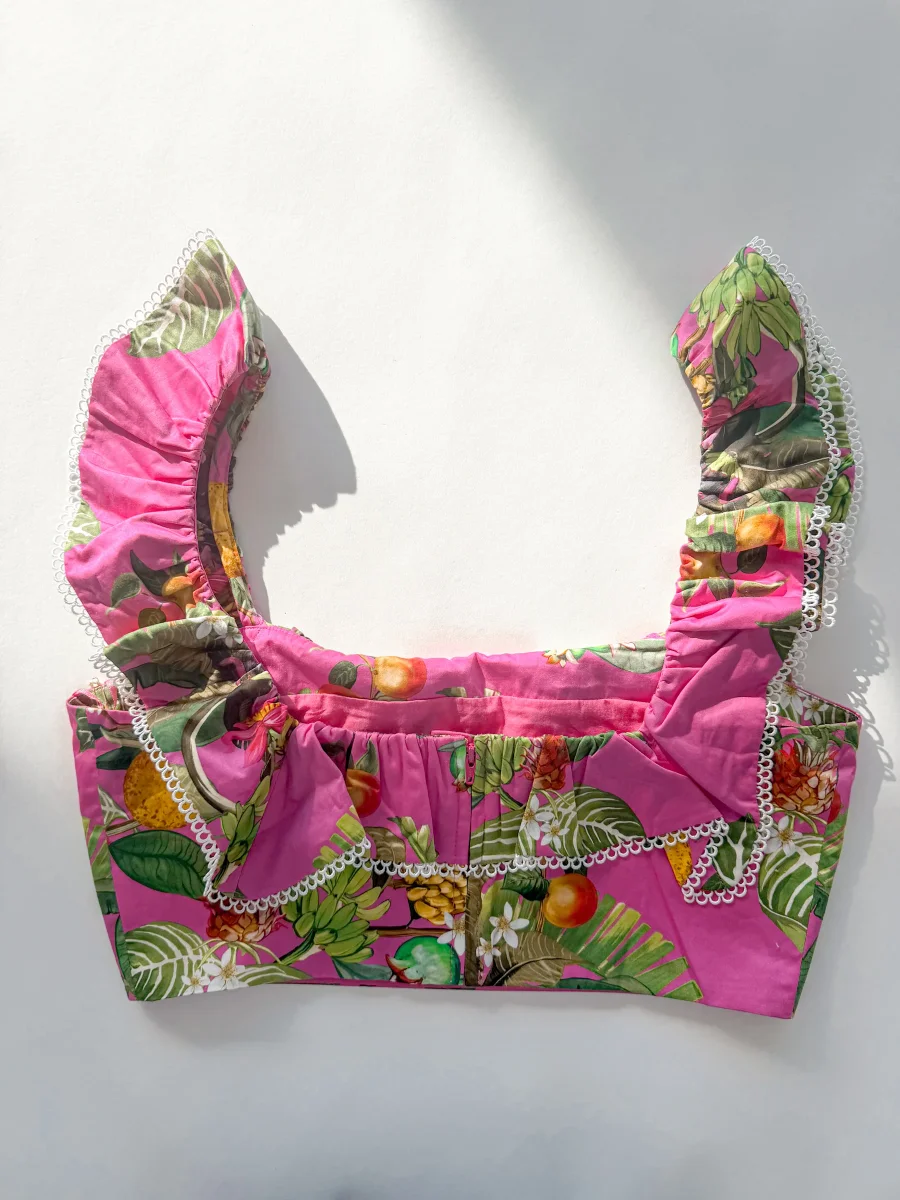 Borgo De Nor Pink Tropical Jazz Printed Cotton Crop Top - Imagen 9