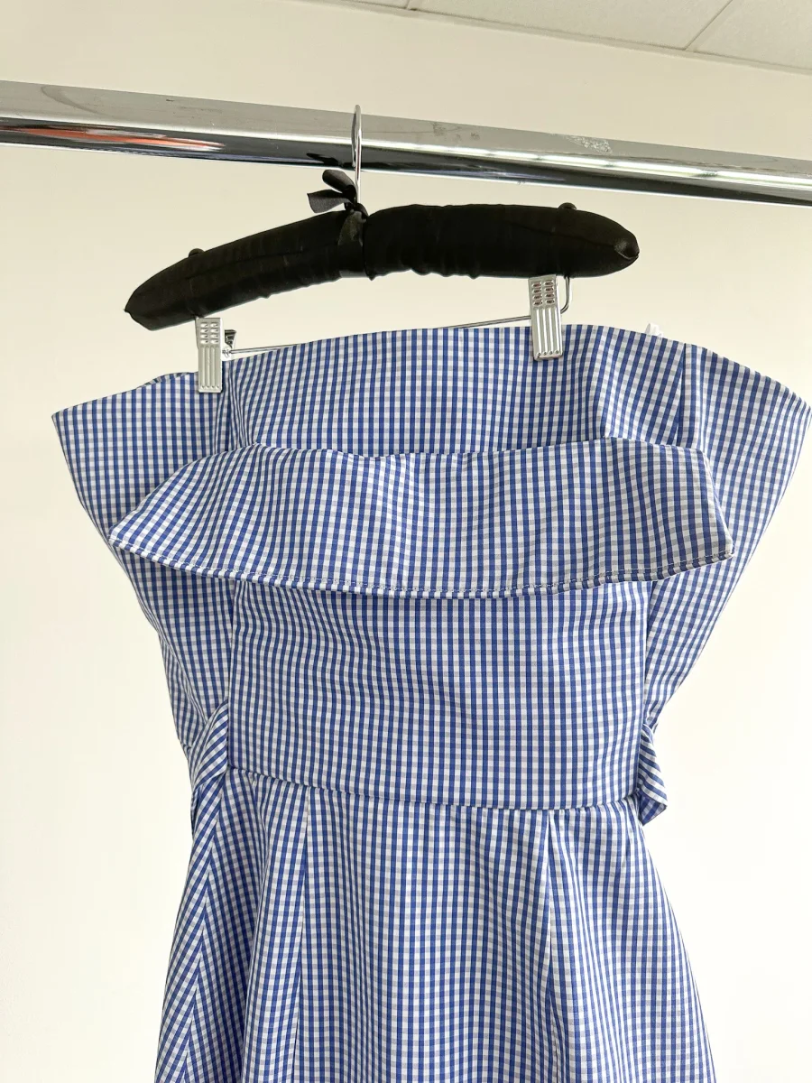 The Vampire's Wife The Good Witch Blue Gingham Flared Strapless Midi Dress - Imagen 5