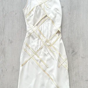 DAVID KOMA White Crepe Leather Applique Mesh Detail Sleeveless Dress