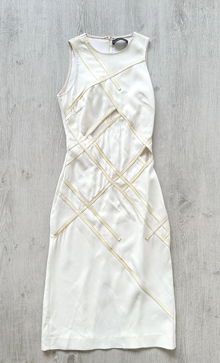 DAVID KOMA White Crepe Leather Applique Mesh Detail Sleeveless Dress - Imagen 2