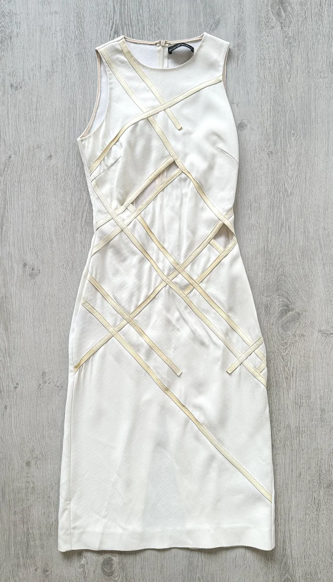 DAVID KOMA White Crepe Leather Applique Mesh Detail Sleeveless Dress - Imagen 3