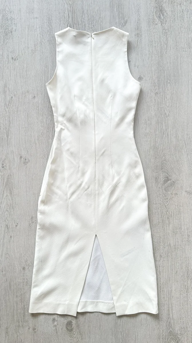 DAVID KOMA White Crepe Leather Applique Mesh Detail Sleeveless Dress - Imagen 7