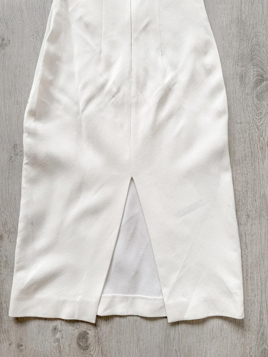 DAVID KOMA White Crepe Leather Applique Mesh Detail Sleeveless Dress - Imagen 8