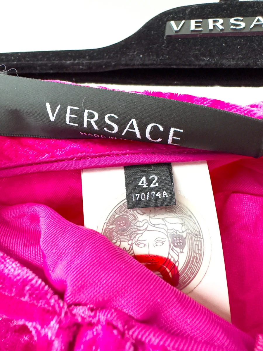 Versace Pink Crushed Velvet Gold Ring Detail Trousers - Imagen 5