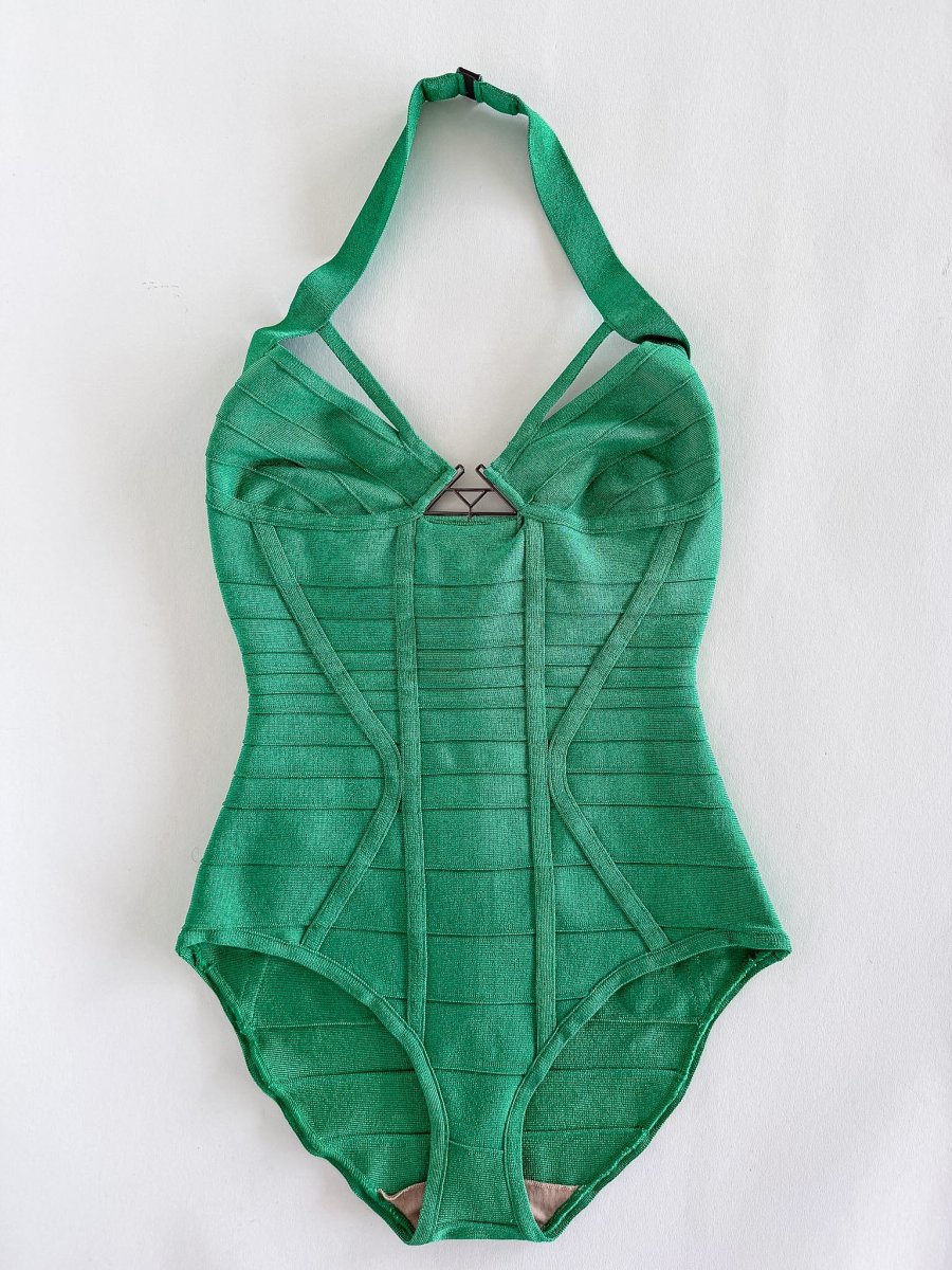 HERVE LEGER Emmalie Green Bandage Halterneck Club Party Swimsuit - Imagen 2