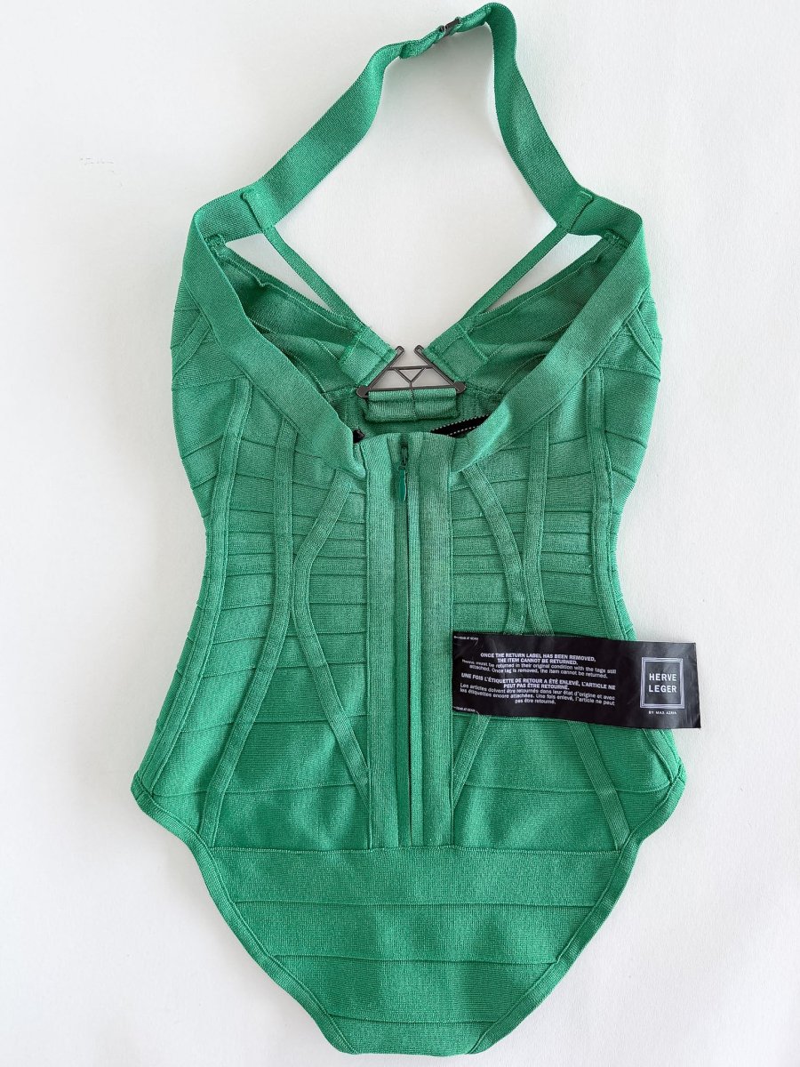 HERVE LEGER Emmalie Green Bandage Halterneck Club Party Swimsuit - Imagen 3