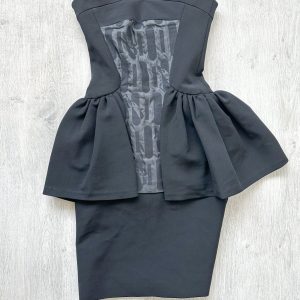 DAVID KOMA Black Peplum Print Front Strapless Dress