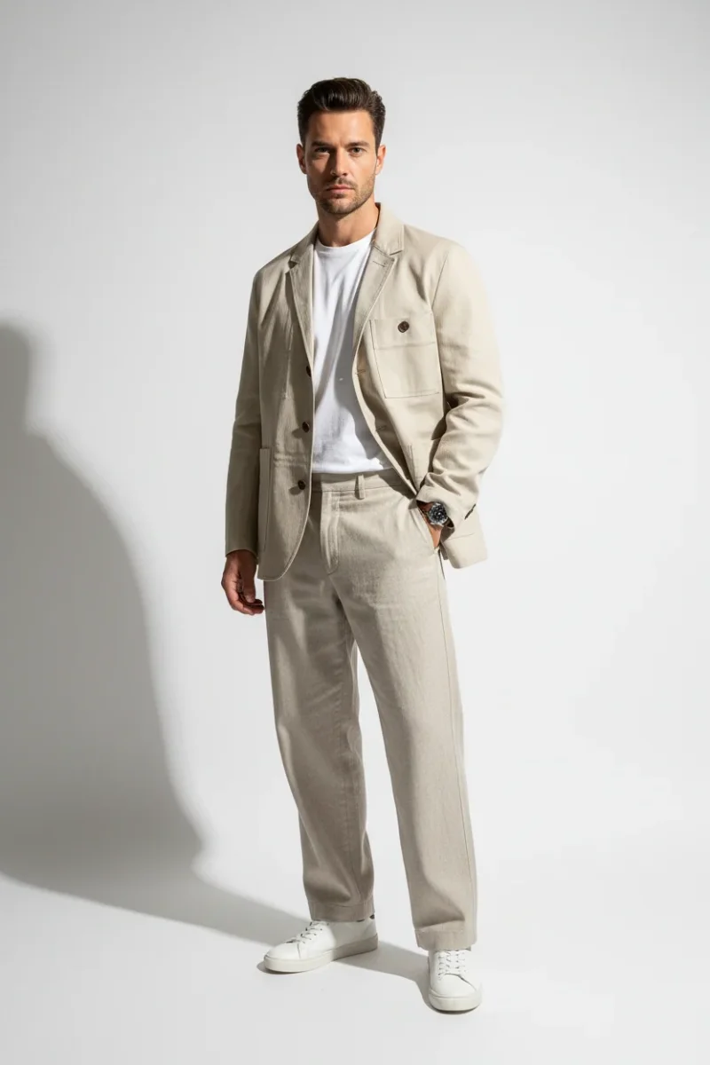 Folk Mens Beige Herringbone Workwear Blazer Jacket