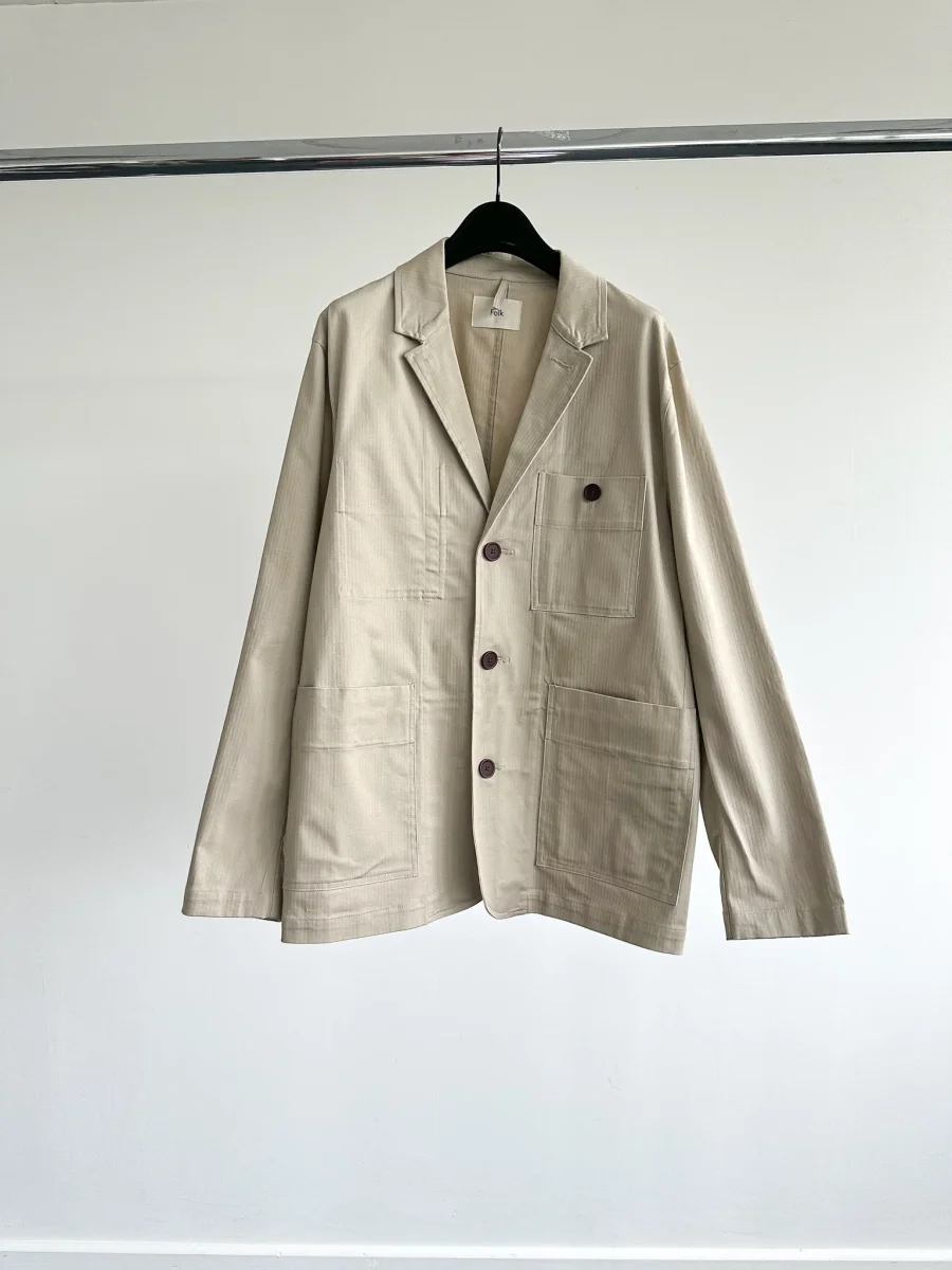 Folk Mens Beige Herringbone Workwear Blazer Jacket - Imagen 3