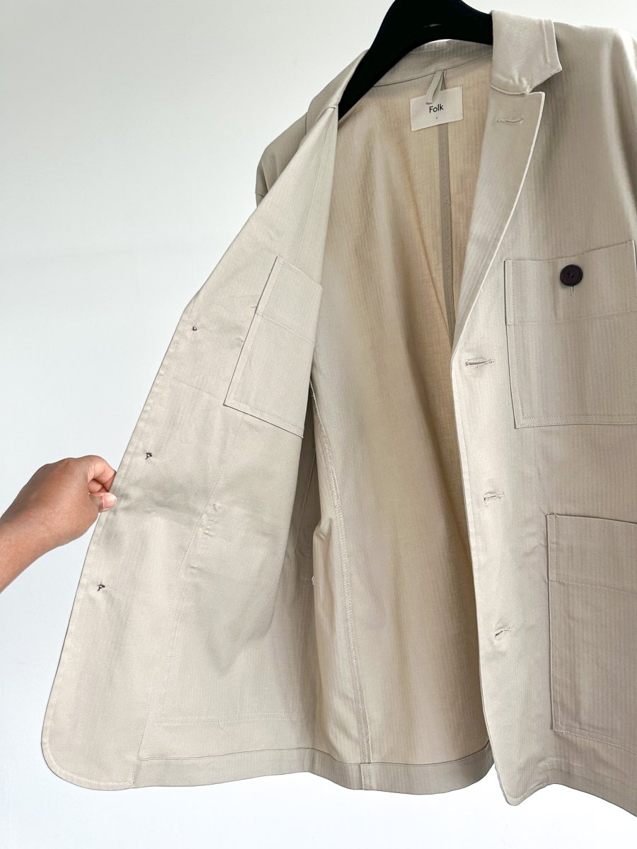Folk Mens Beige Herringbone Workwear Blazer Jacket - Imagen 8