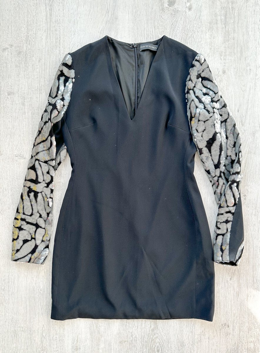 DAVID KOMA Black V-Neck Long Sequinned Sleeved Mini Dress - Imagen 9