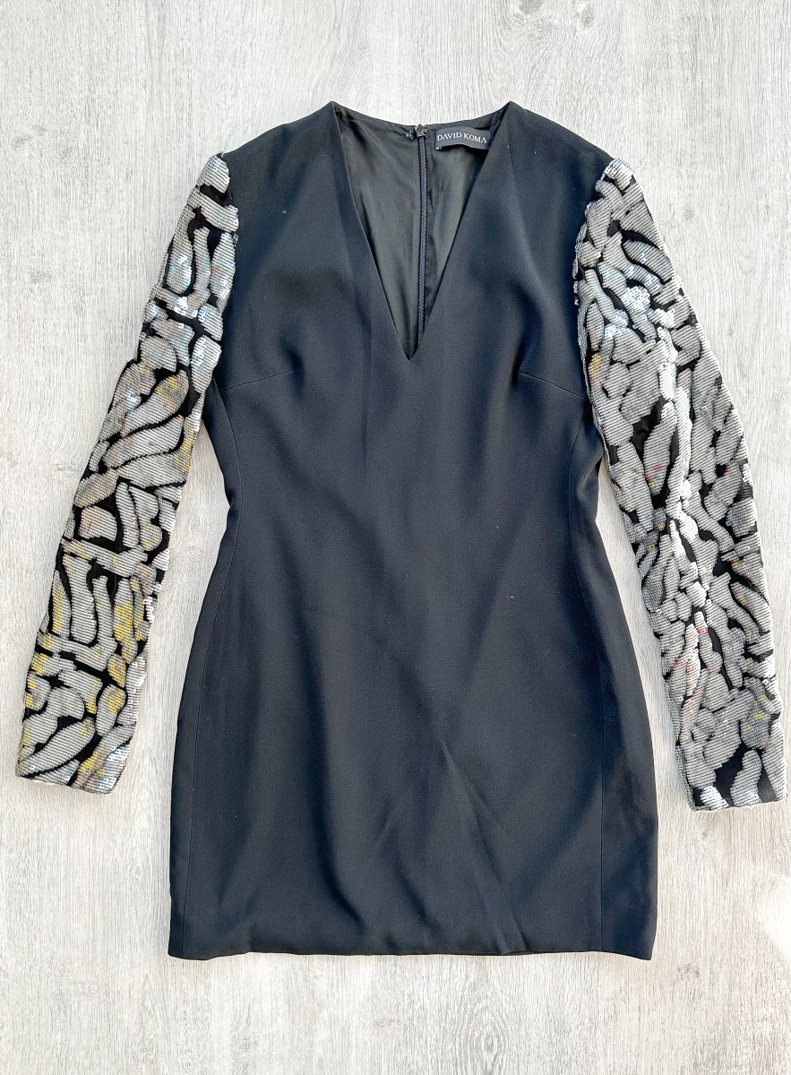 DAVID KOMA Black V-Neck Long Sequinned Sleeved Mini Dress - Imagen 2
