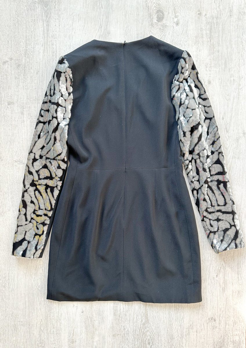 DAVID KOMA Black V-Neck Long Sequinned Sleeved Mini Dress - Imagen 6