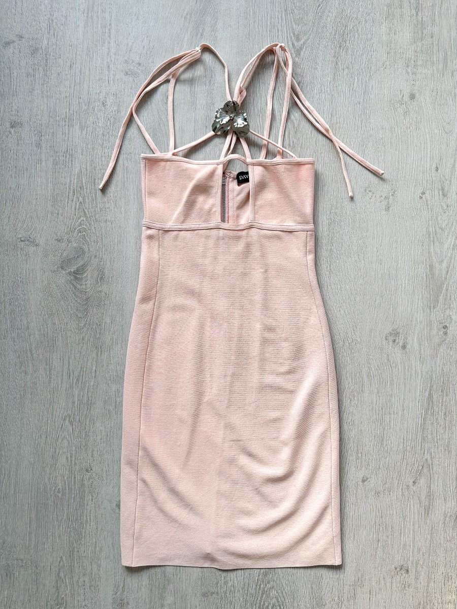 DAVID KOMA Flower Embellished Strappy Pink Mini Dress