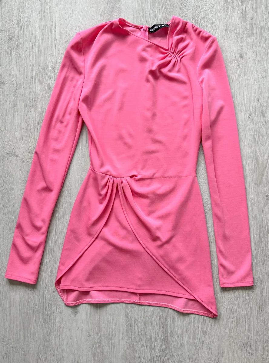 DAVID KOMA Pink Long Sleeve Wrap Detail Ruched Mini Dress - Imagen 2