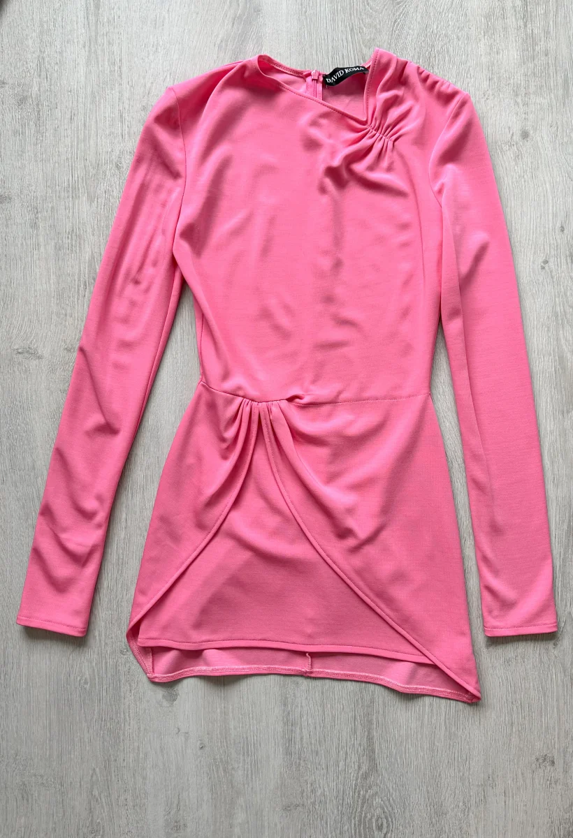 DAVID KOMA Pink Long Sleeve Wrap Detail Ruched Mini Dress - Imagen 3