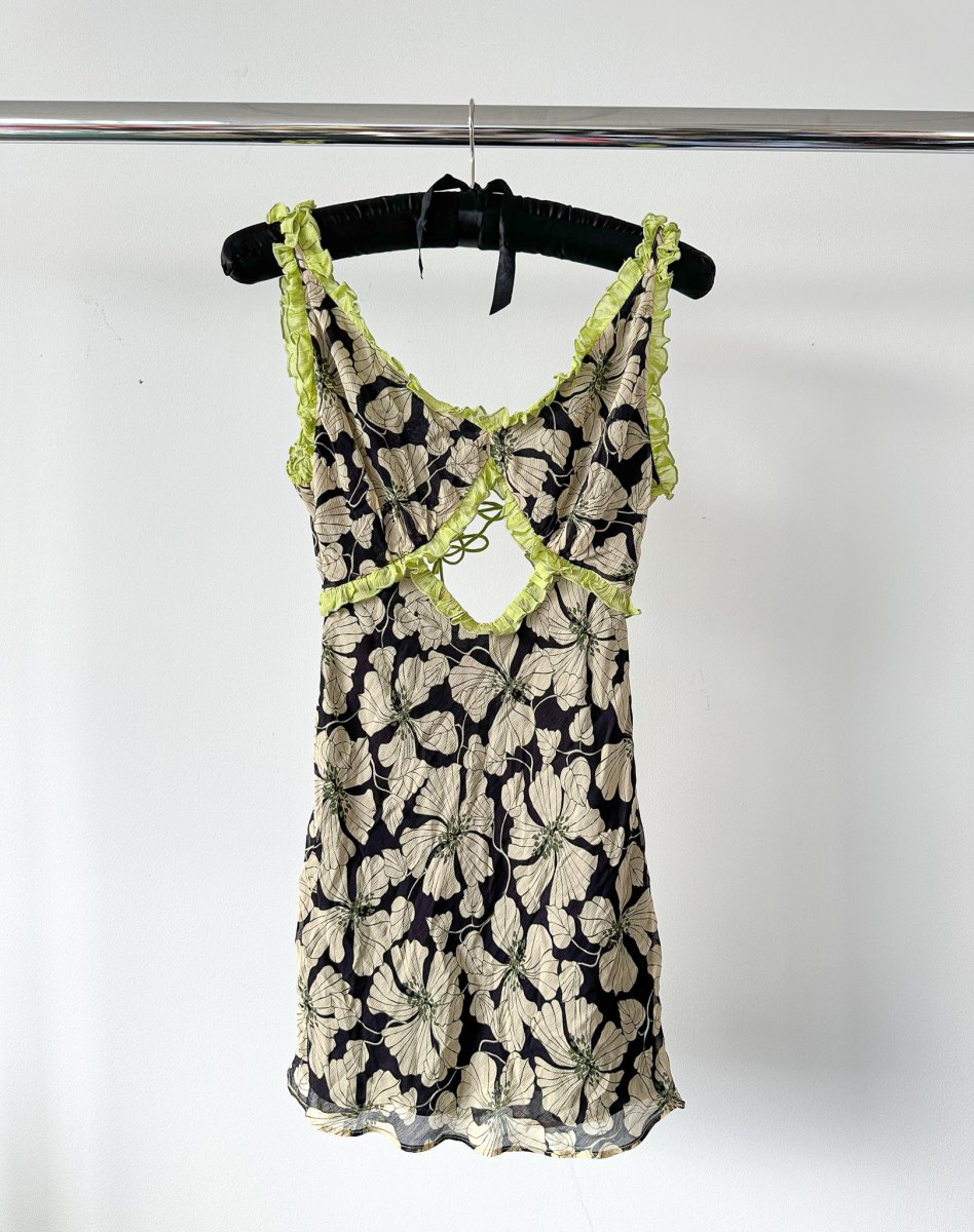 De La Vali Floral Chiffon Ruffle Cut-Out Olive Green Art Deco Mini Dress - Imagen 9