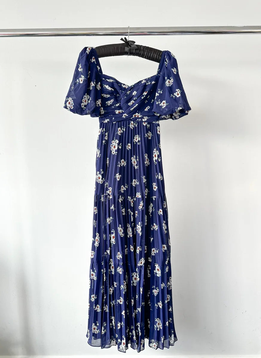 Self-Portrait Pansy Floral Blue Sweetheart Neck Pleated Chiffon Maxi Dress - Imagen 3