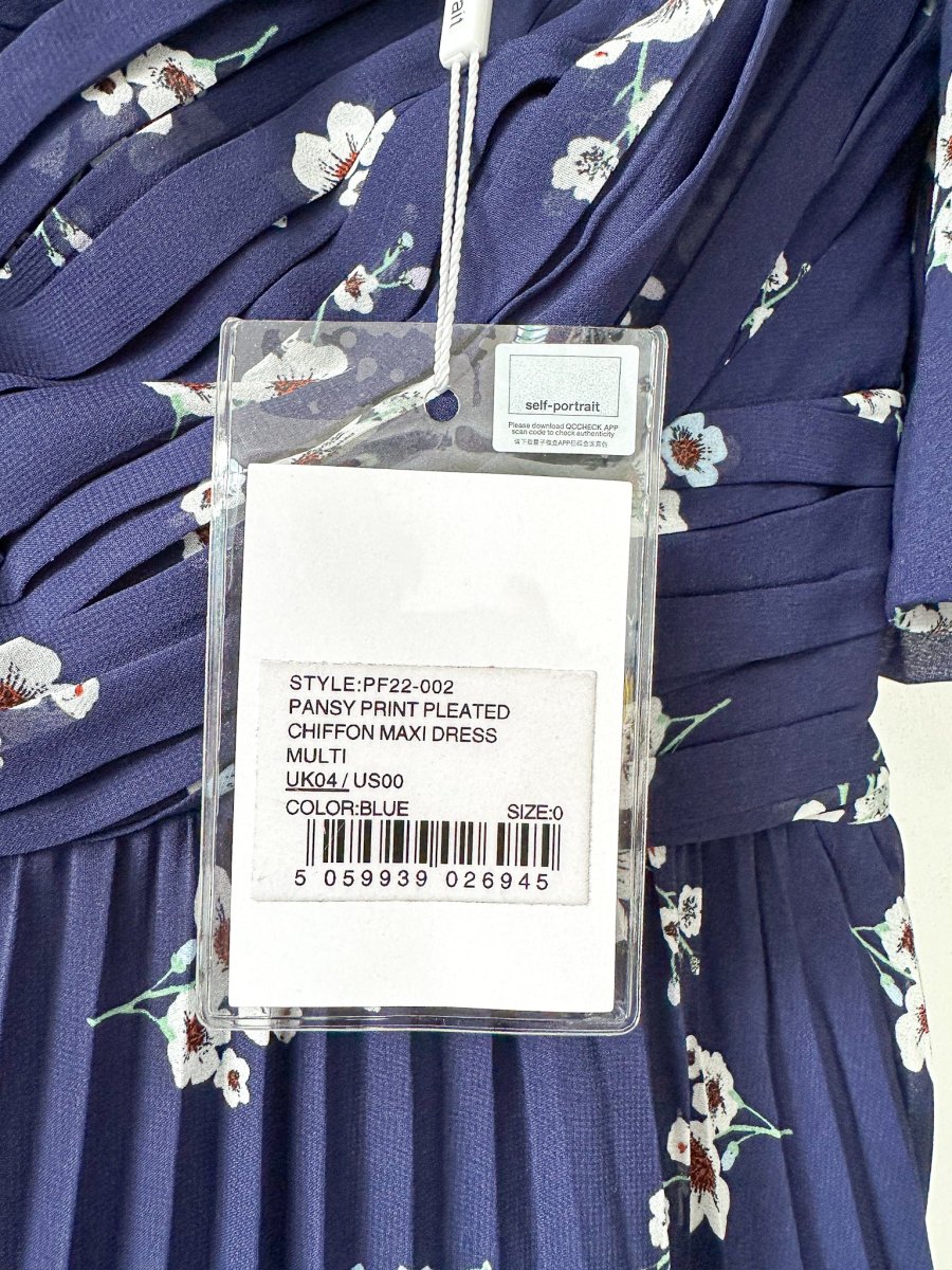 Self-Portrait Pansy Floral Blue Sweetheart Neck Pleated Chiffon Maxi Dress - Imagen 4