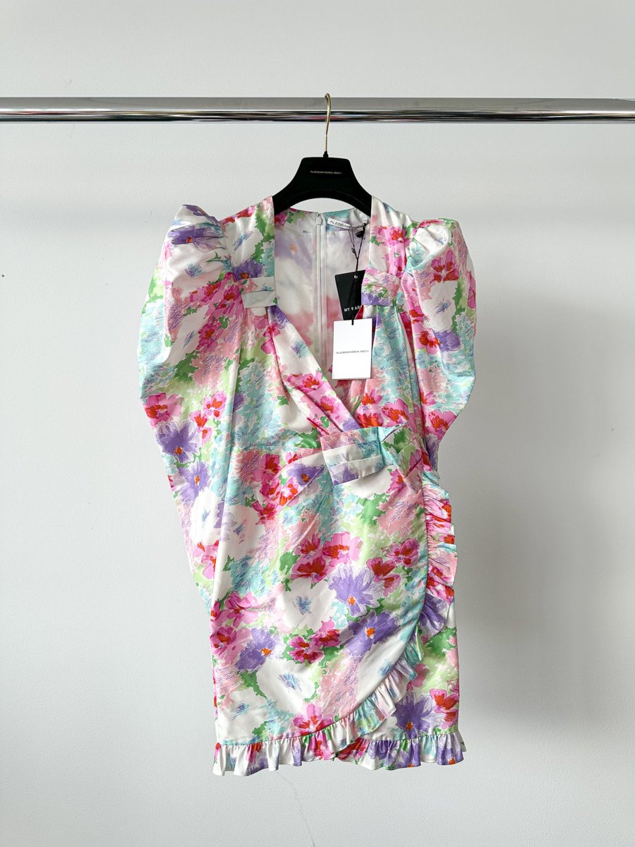 Alessandra Rich Floral Print Taffeta Bow Front Ruffle Detail Mini Dress - Imagen 6