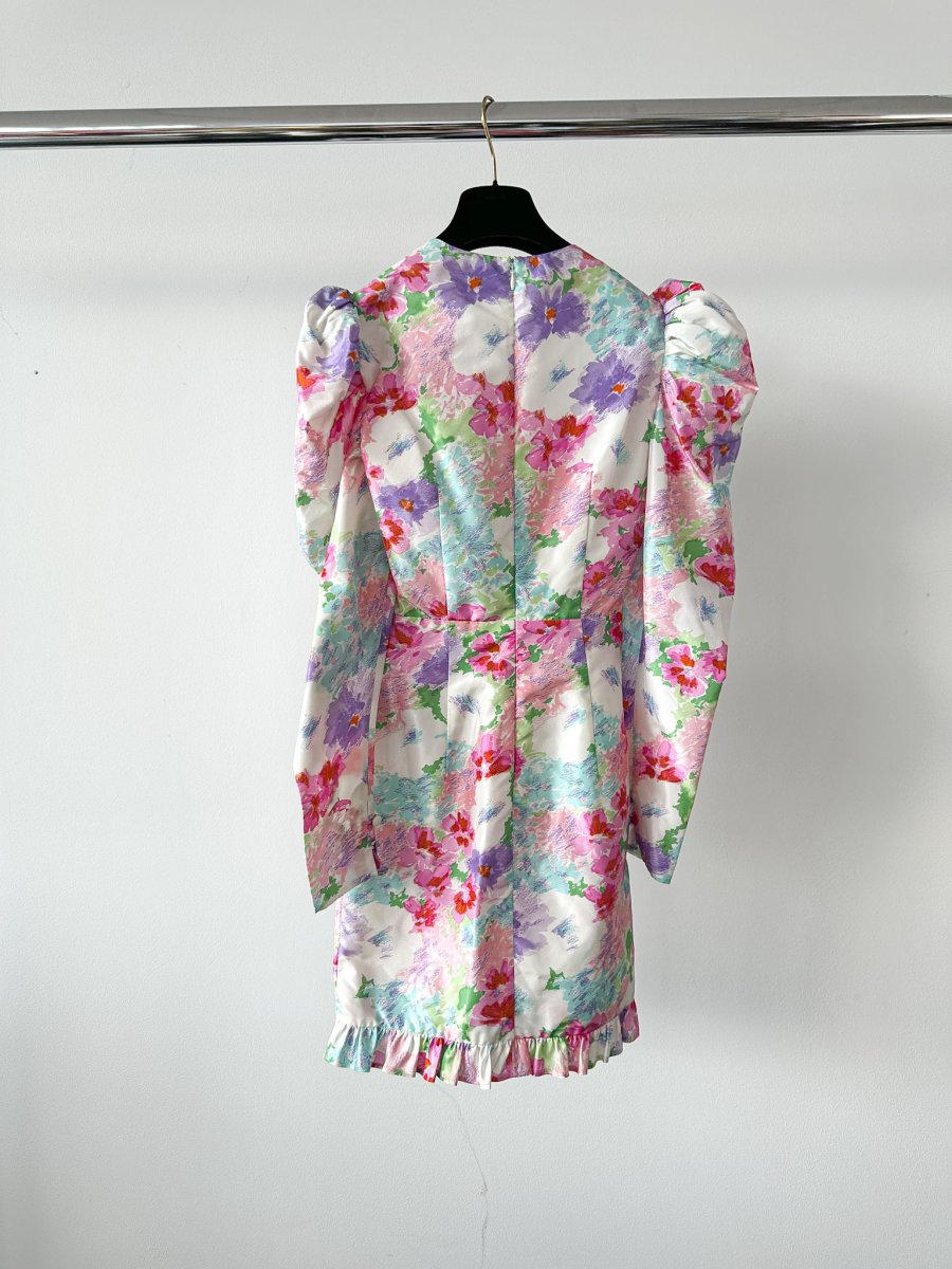 Alessandra Rich Floral Print Taffeta Bow Front Ruffle Detail Mini Dress - Imagen 9