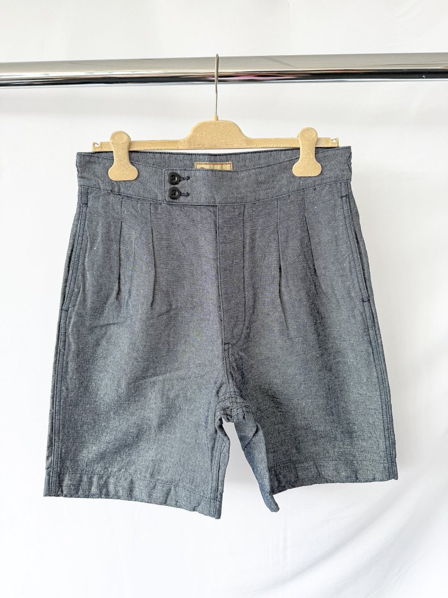 Nigel Cabourn P-54 Pleated Chino Cotton Linen Navy Shorts