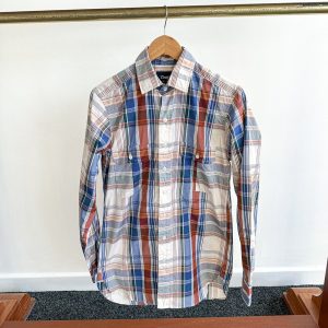 Drake's Work Shirt In Beige Blue Red Checked Cotton