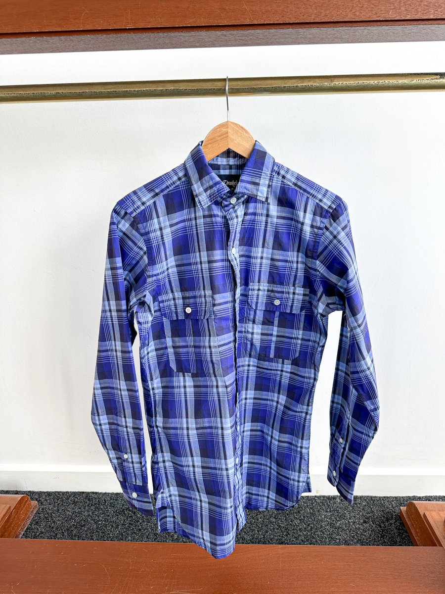 Drake's Navy Blue Checked Cotton Shirt