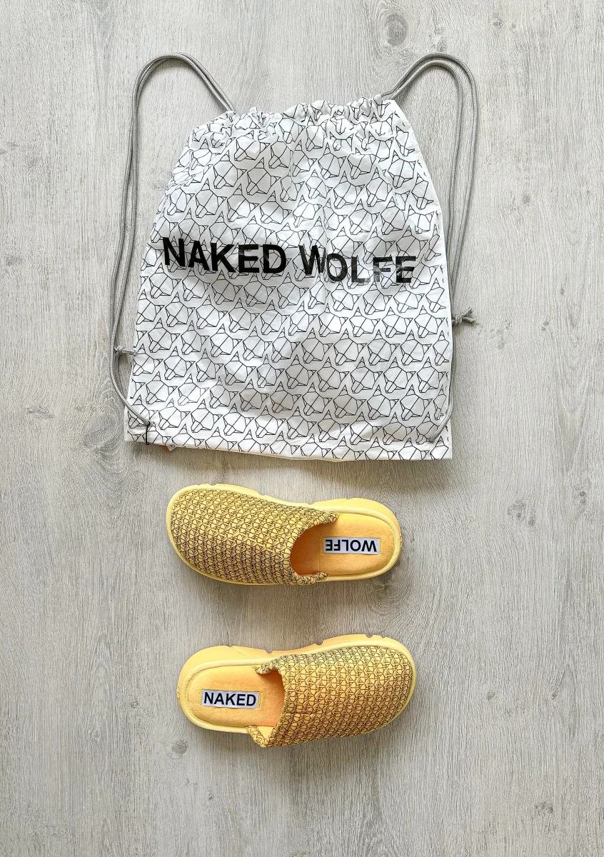 NAKED WOLFE Yellow Wolf Logo Print Velvet Sandals Slides