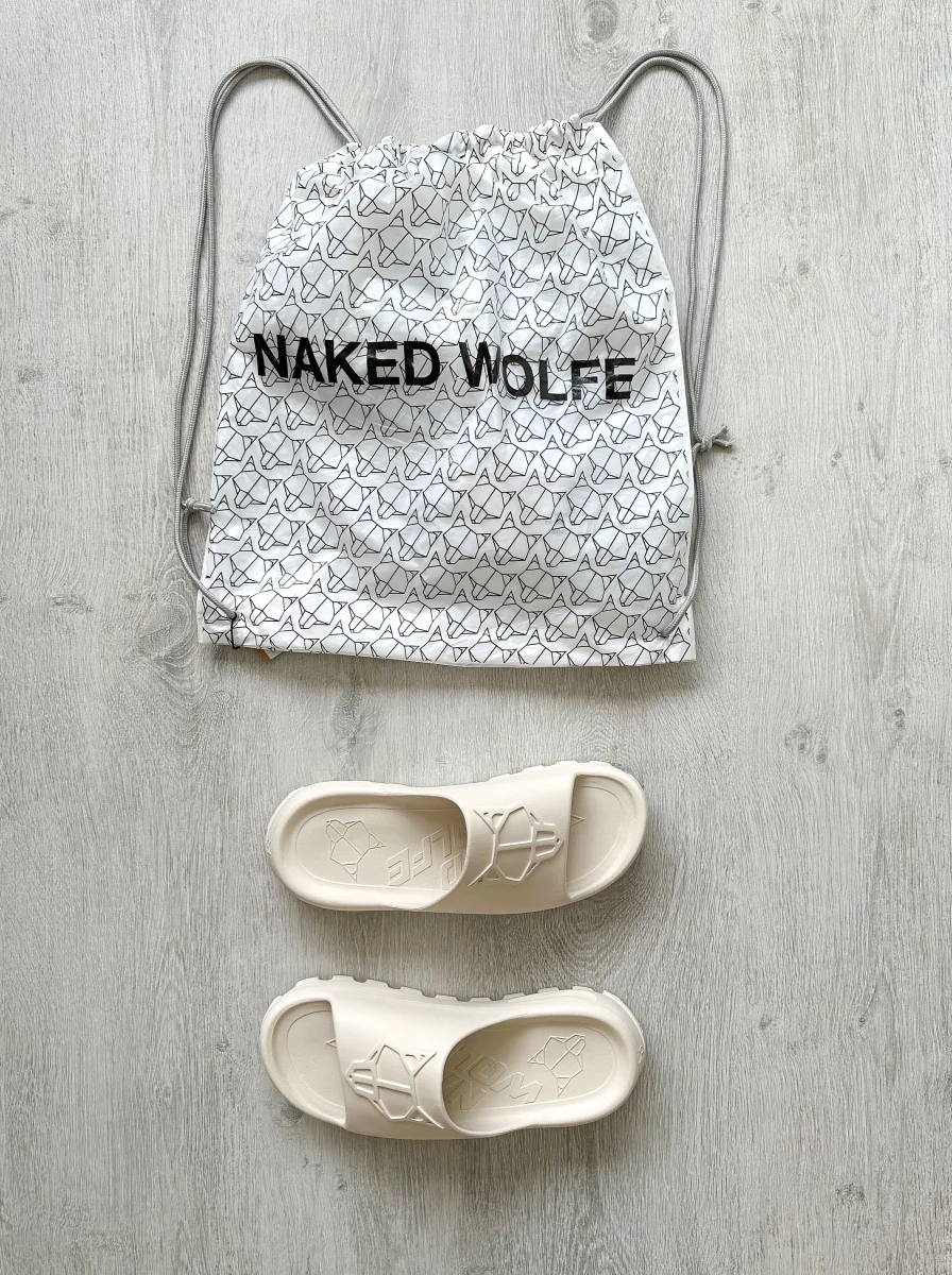 NAKED WOLFE Tommy Stone Cream Waterproof Wolf Embossed Sandals Slide