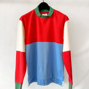 Drake's Red Blue White Green Half Block Stripe Long Sleeve Mock Neck Rugby Shirt