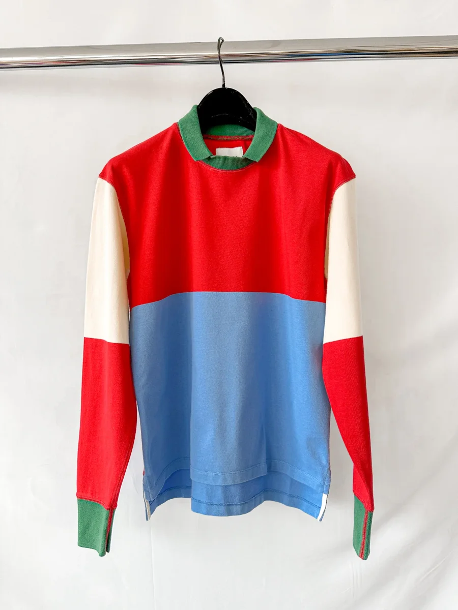 Drake's Red Blue White Green Half Block Stripe Long Sleeve Mock Neck Rugby Shirt