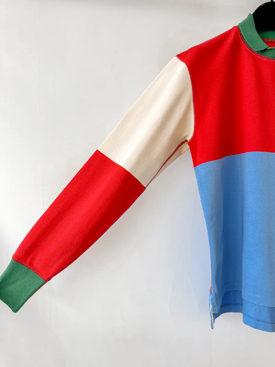 Drake's Red Blue White Green Half Block Stripe Long Sleeve Mock Neck Rugby Shirt - Imagen 3